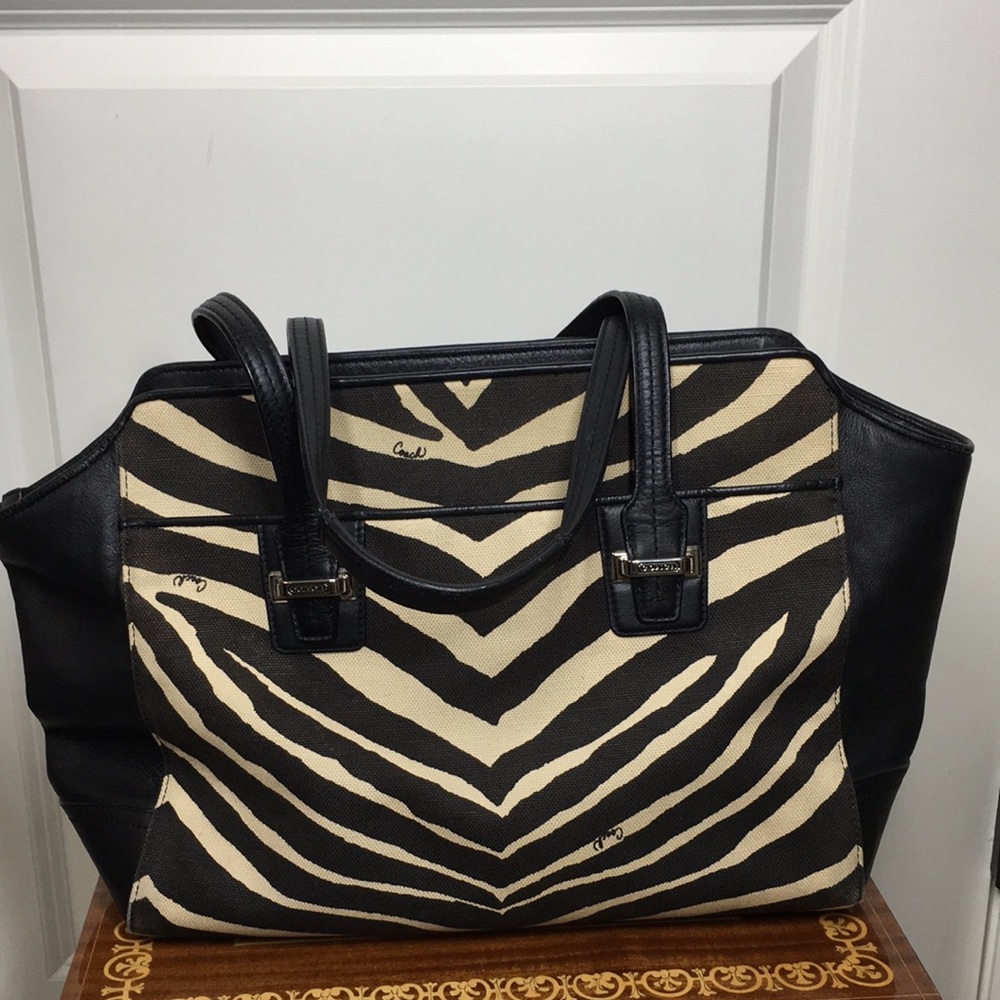 Coach Taylor Black  Tan Zebra Canvas and Leather Carry All  L